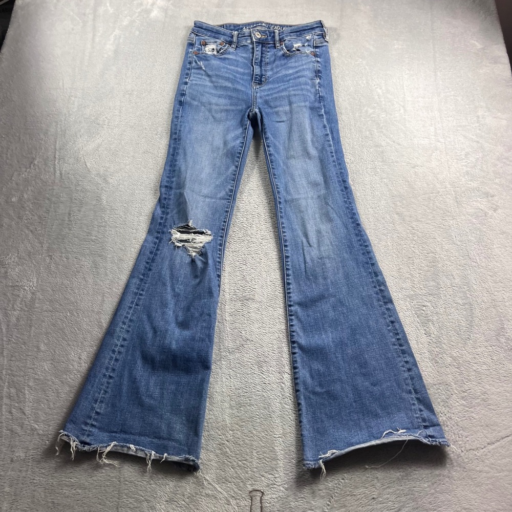 American‎ Eagle Super Hi-Rise Flare Jeans Distressed Blue Stretch Womens 00 Reg